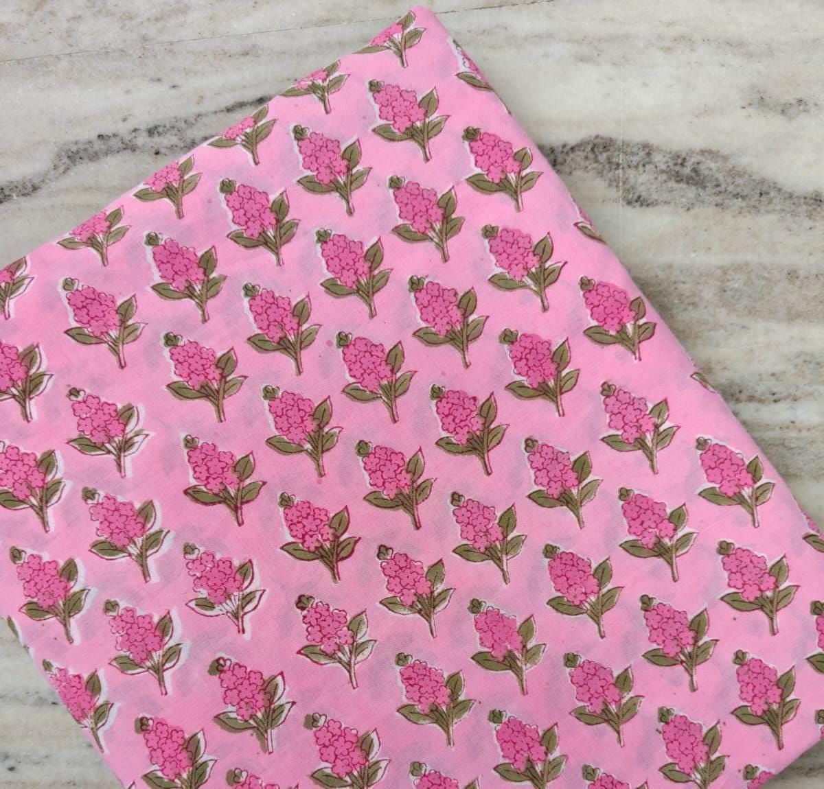 Pink Floral Cotton Fabric, Pink Color Hand Block Print Fabric By The Yard, Indian Soft Cotton for Quilting, Dressmaking, Sewing & Crafts