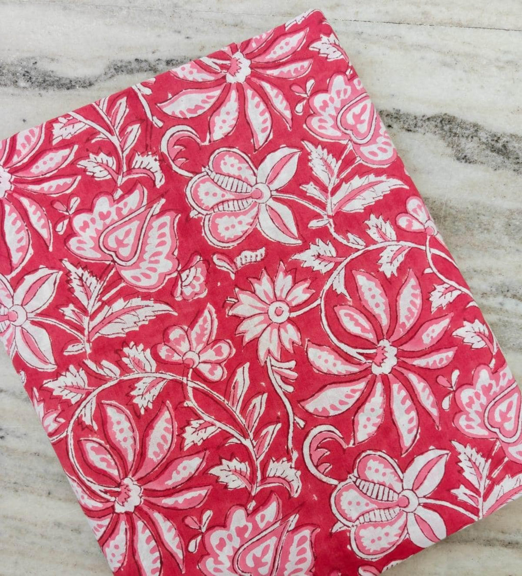 Red Pink Floral Cotton Fabric, Block Print Style Fabric by Yard, Soft Cotton for Sewing, Quilting, Dresses, Home Decor Bulk Fabric Available