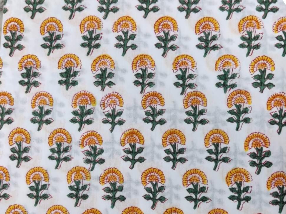 Yellow Floral Cotton Fabric by the Yard, White Block Print Fabric, Quilting, Sewing, Dressmaking, Craft Material, Loose Running Fabric