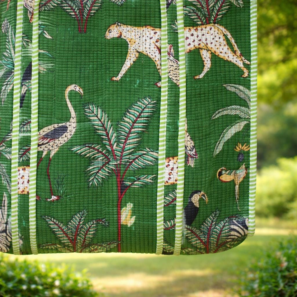 Green Jungle Print Quilted Tote Bag, Handmade Cotton Block Print Shoulder Bag, Large Fabric Shopper, Reusable Market Bag, Safari Animal Tote