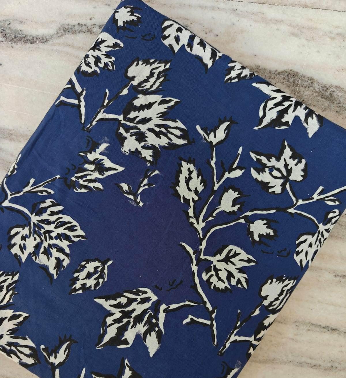 Navy Blue & White Floral Cotton Fabric, Hand Block Print Indigo Blue Leaf Printed Cotton, Indian Dressmaking Quilting Fabric by the Yard