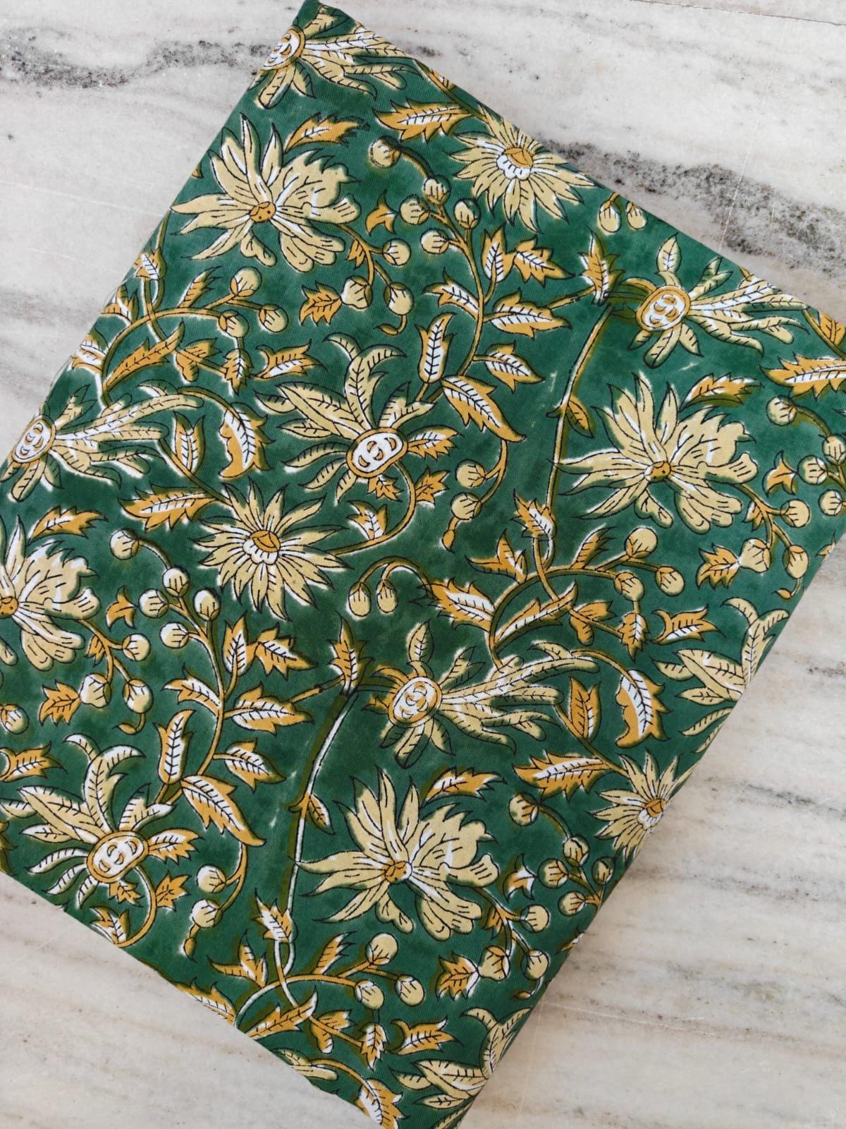 Green & Mustard Cotton Fabric, Indian Hand Block Print Fabric by the Yard, Soft Cotton for Quilting, Fabric For Dress Making, Napkins