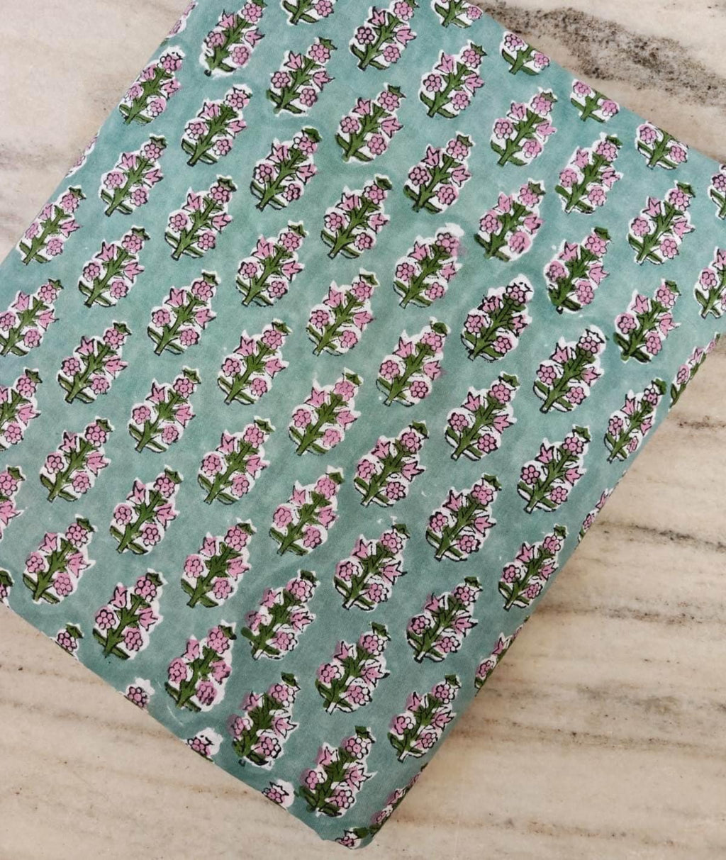 Hand Block Print Cotton Fabric, Floral Cotton Fabric by Yard, Indian Handmade Fabric, Green Pink Flower Print, Craft Sewing Quilting Fabric