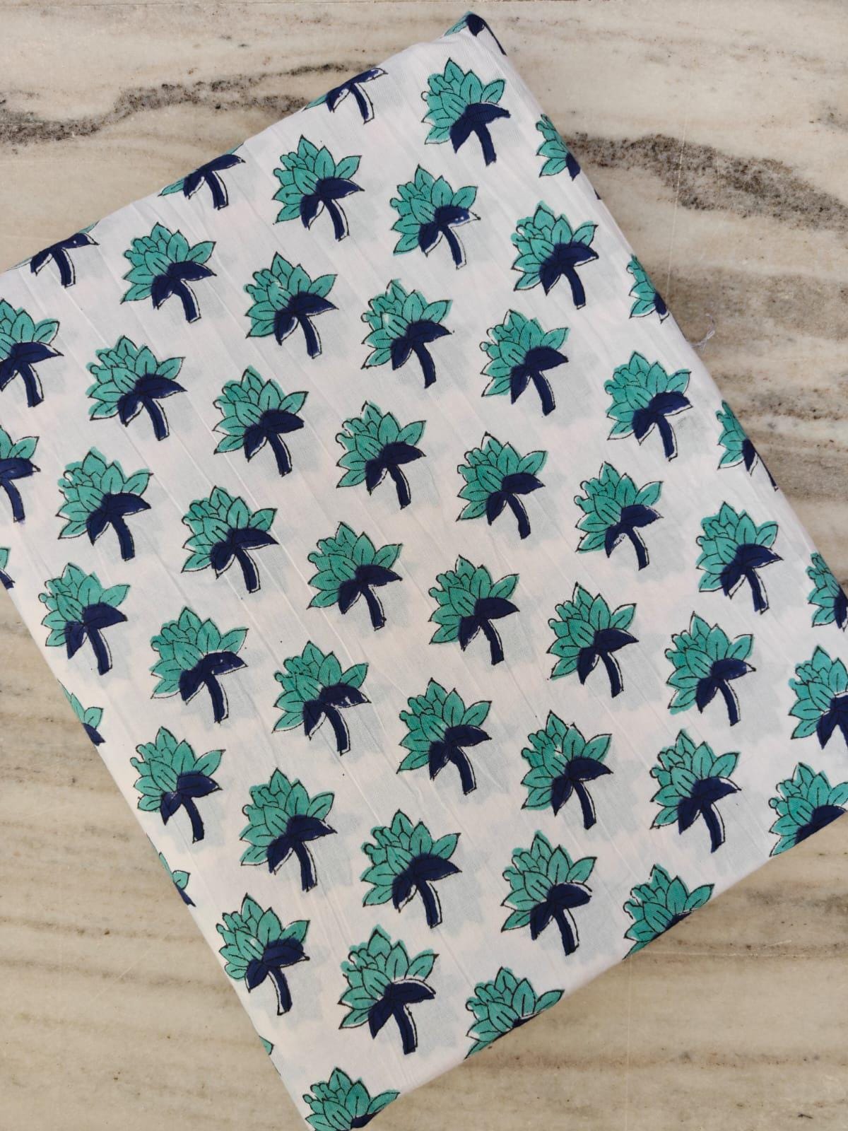 Hand Block Print Cotton Fabric, Floral Buti Indian Cotton Fabric, Blue Green Flower Print Fabric Soft Cotton Dressmaking Fabric Craft Fabric