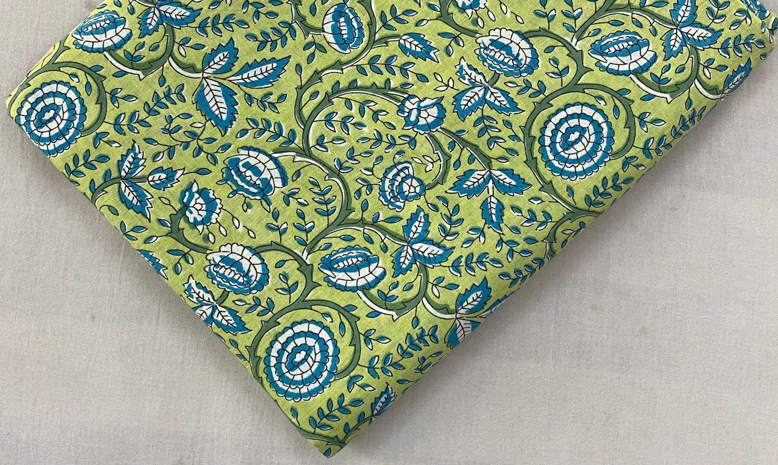 Green Soft Cotton, Indian Hand Block Print Fabric, 100% Cotton Fabric By The Yard, Fabric for Loose Running, Dress Making, Textile Fabric