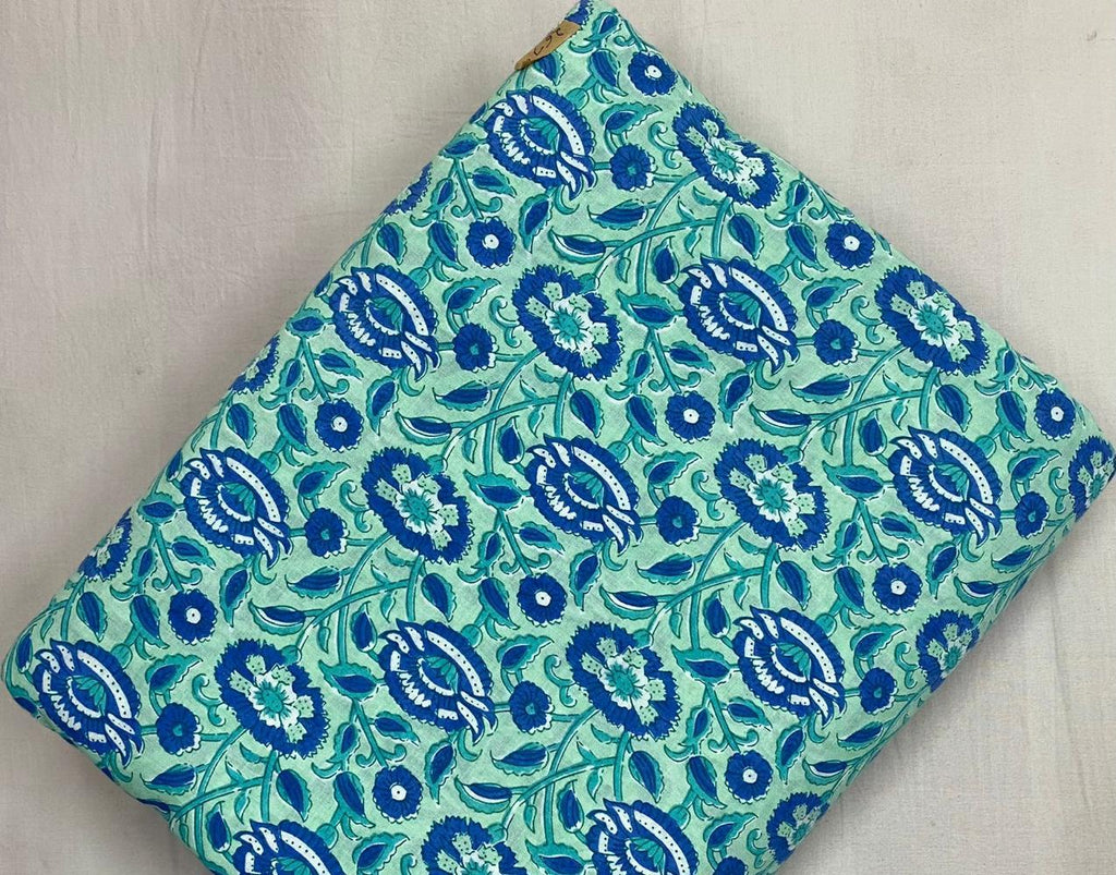 Mint Green Blue Floral Cotton Fabric by Yard, Indian Hand Block Print Fabric, Sanganeri Cotton Textile for Dressmaking Quilting Craft