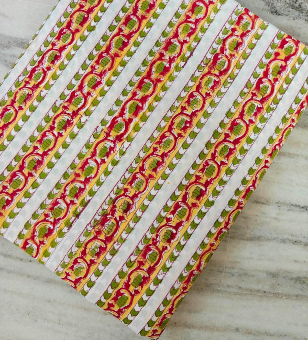 Red Yellow Floral Stripe Cotton Fabric, Indian Hand Block Print Cotton Fabric, Green Boho Stripe Material for Sewing Fabric For Dress Making