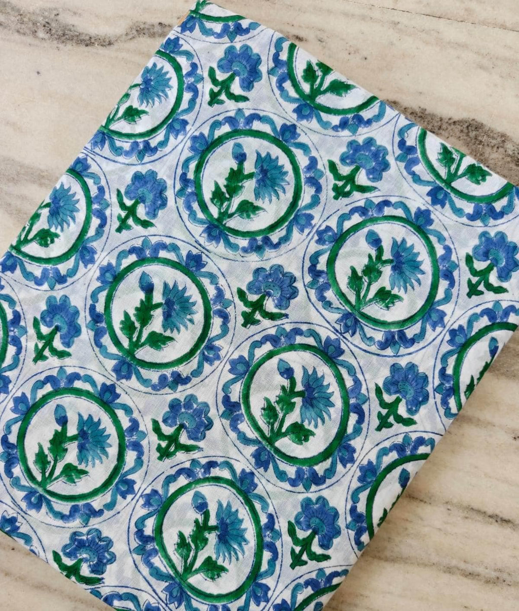 Blue Green Floral Cotton Fabric, Hand Block Print Fabric, Indian Cotton Textile, Vintage Style Flower Print, Quilting Sewing Craft Fabric