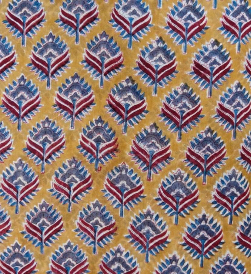 Vintage Mustard Yellow Flower Cotton Fabric, Leaf Motif Design Yellow Paisley Cotton Fabric, Hand Block Printed Indian Fabric by the Yard