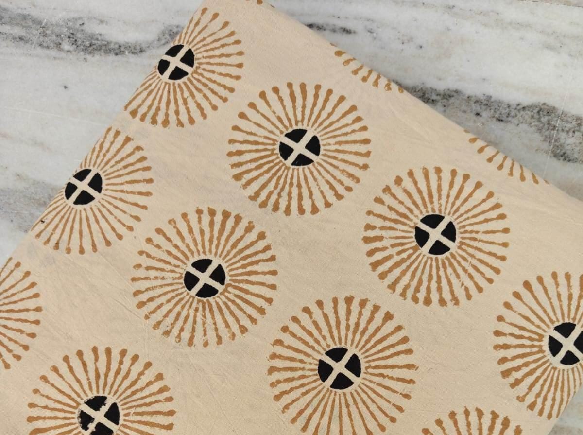 Sunburst Block Print Cotton Fabric, Beige Geometric Indian Fabric by the Yard