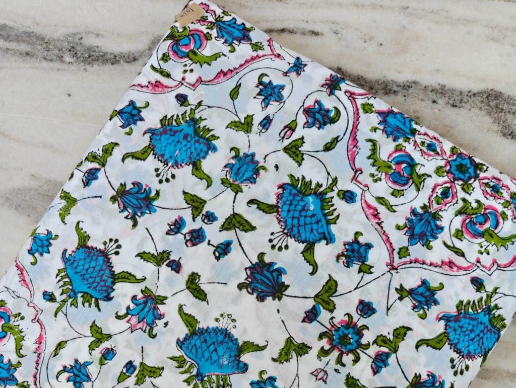 White Blue Designer Hand Block Print Fabric, Red Floral 100% Cotton Quilting Fabric By The Yard, Fabric Dress Making, Loose Running Fabric