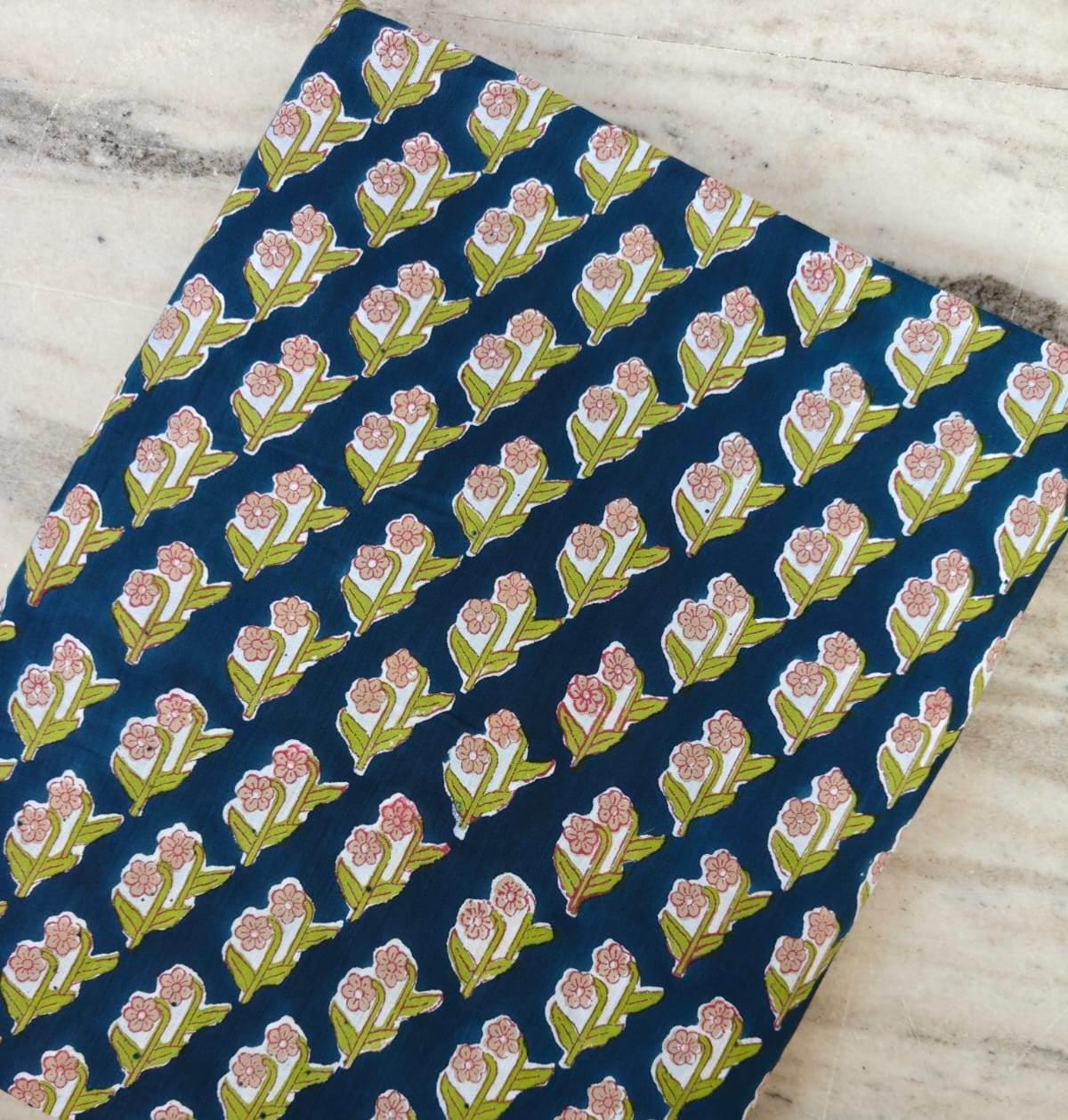 Blue Floral Cotton Fabric by the Yard, Indian Block Print Fabric, Pink Green Buti Print, Quilting Sewing Craft Fabric, Loose Running Fabric