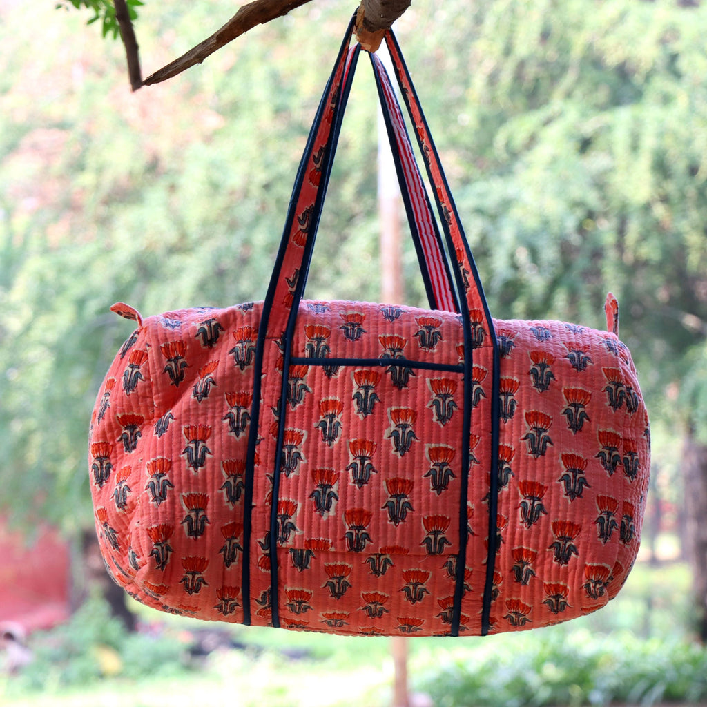 Indian Hand Block Print Handmade Yoga Mat Bag, Multi Color Flower Duffle Bag, Pink Flower Yoga Mat Holder Flower Print Gym Bag Overnight Bag