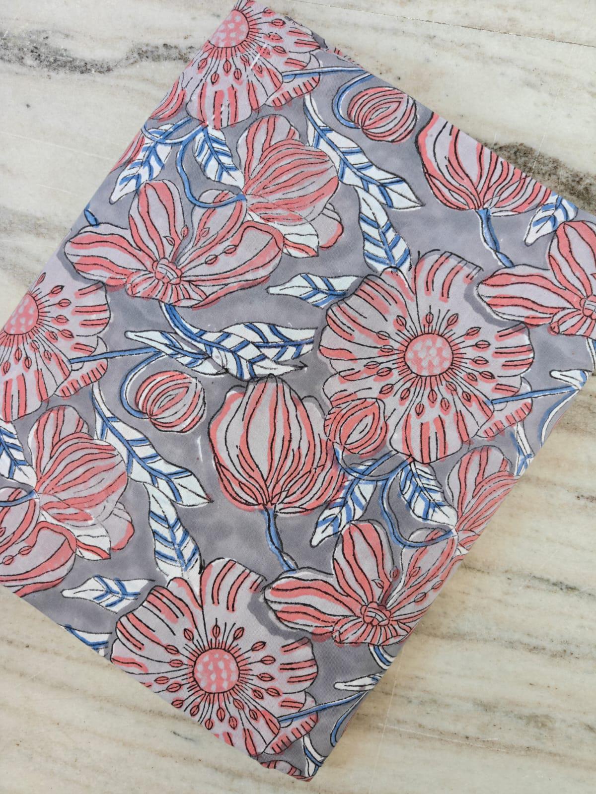 Coral Pink Floral Cotton Fabric on Grey, Handblock Style Botanical Print, Soft Quilting Fabric, Dressmaking Material, Modern Vintage Textile