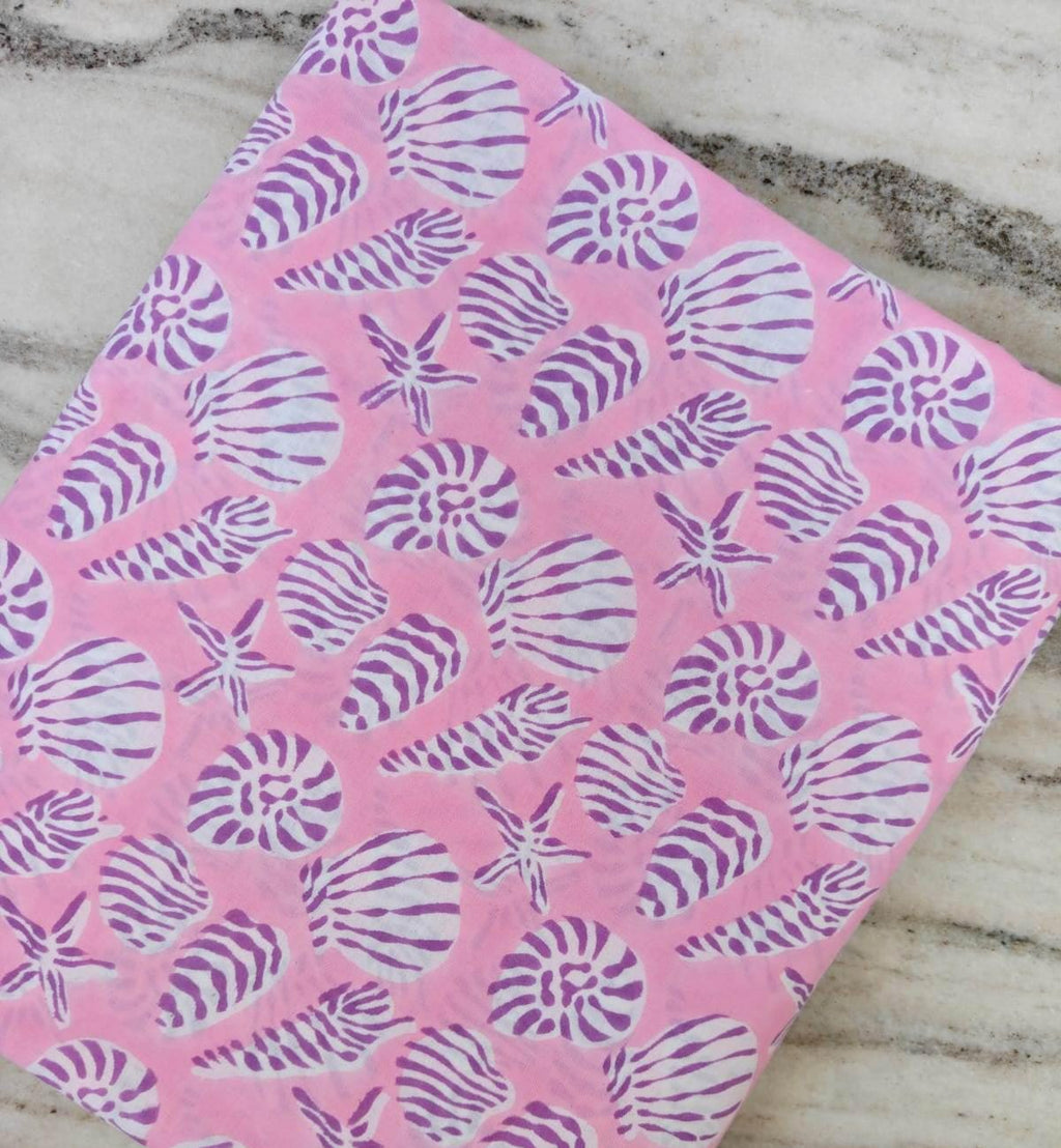 Pink Seashell Cotton Fabric Coastal Beach Print Fabric Purple Shell Starfish Pattern Lightweight Cotton Yard Summer Sewing Quilting Fabric