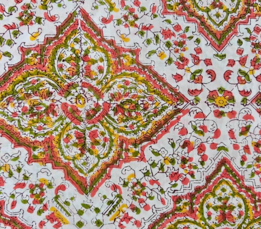Floral Block Print Cotton Fabric, Indian Hand Block Print Fabric, Pink Green Yellow Cotton Cloth, Quilting Sewing Fabric, Craft By The Yard