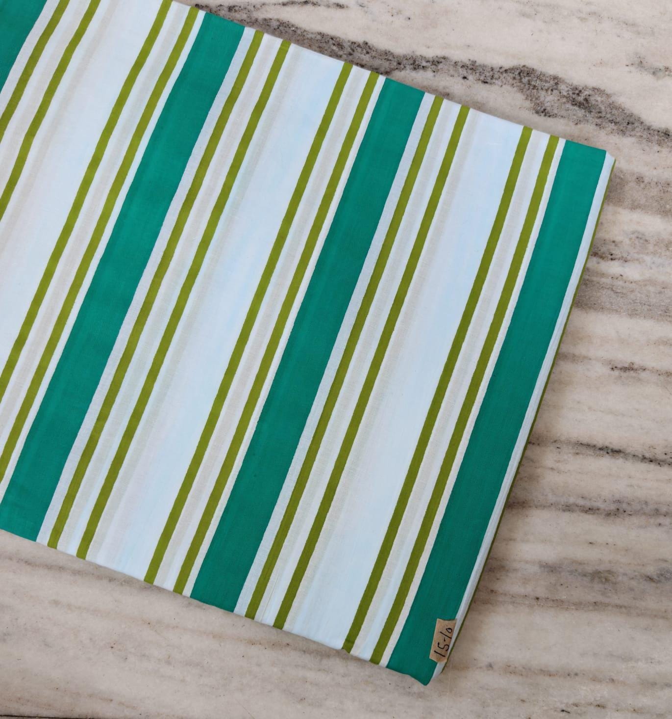 Green and White Striped Cotton Fabric, Hand Block Print Textile, Teal Olive Stripe Fabric, Soft Cotton, Sewing Craft Fabric, By the Yard