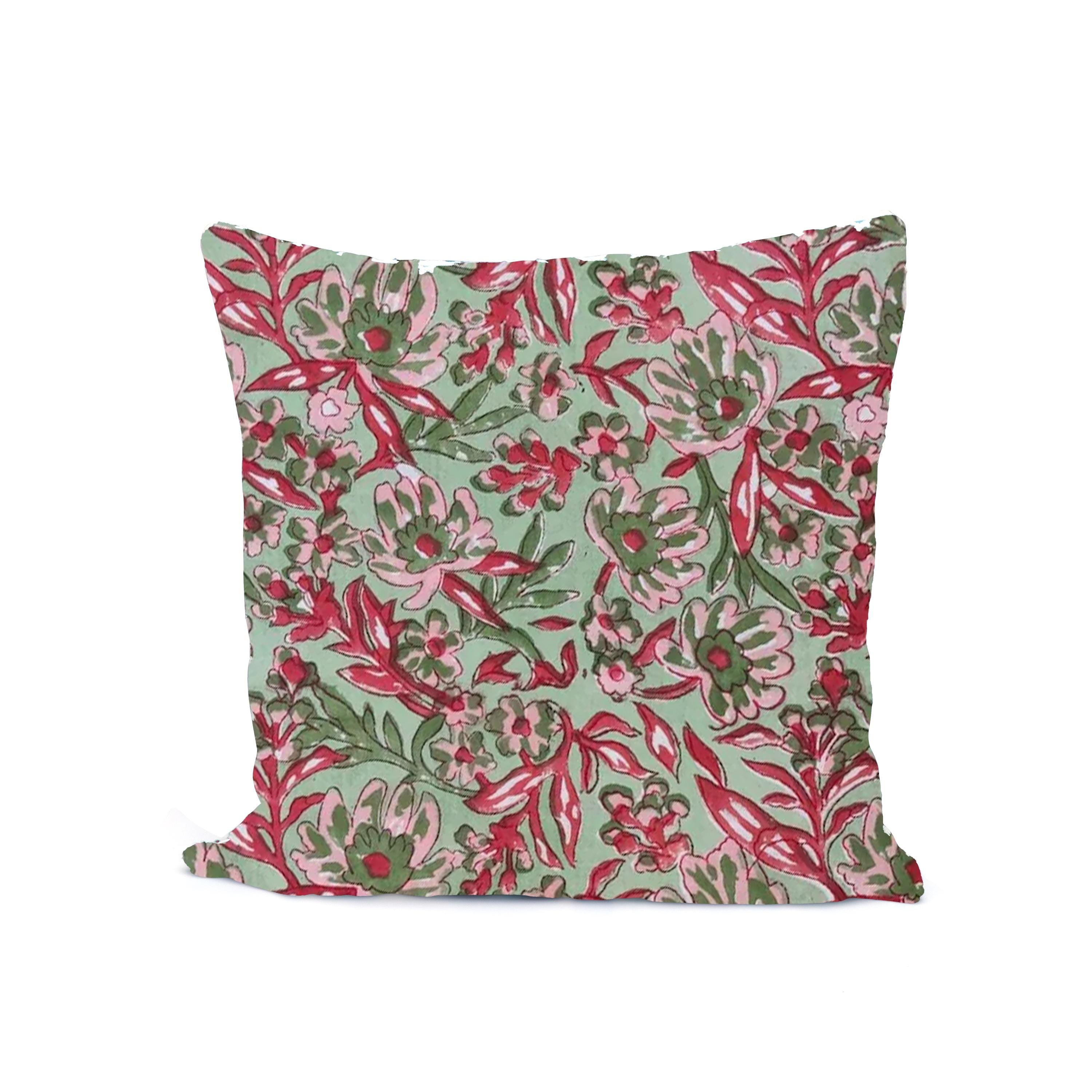 Green Floral Cotton Cushion Cover, Red Pink Botanical Pillow Case, Block Print Style Throw Pillow, Cottagecore Farmhouse Home Decor