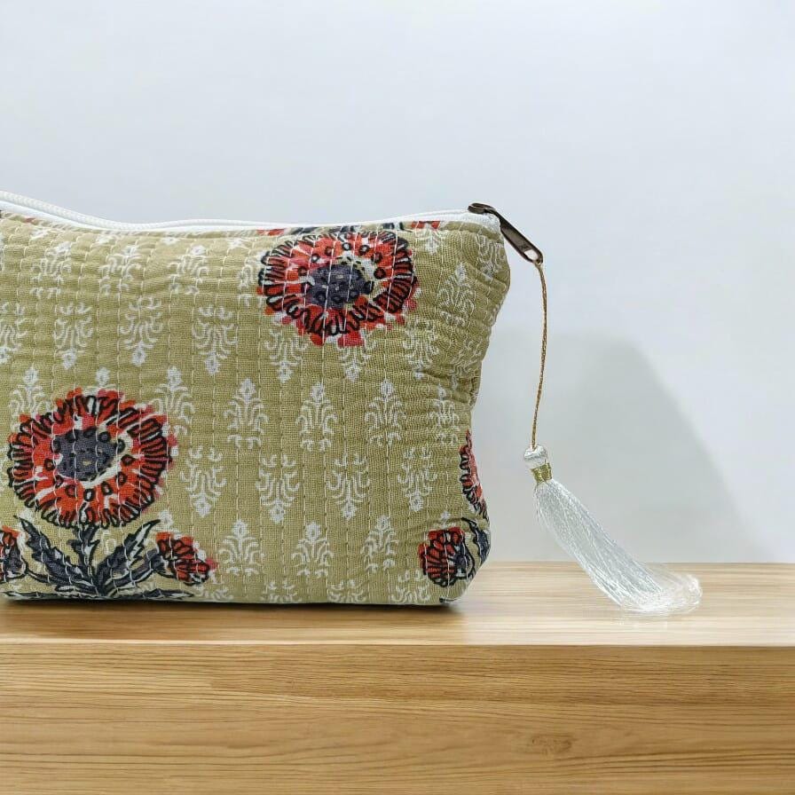 Cotton Floral Quilted Pouch | Handmade Zipper Bag with Tassel | Cosmetic Bag | Travel Makeup Pouch | Gift for Her | Indian Small Bags