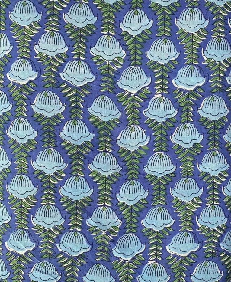 Blue Leaf Cotton Fabric, Hand Block Print Floral Fabric Indian Cotton Fabric by Yard Green Leaf Print Fabric for Quilting Sewing Dressmaking