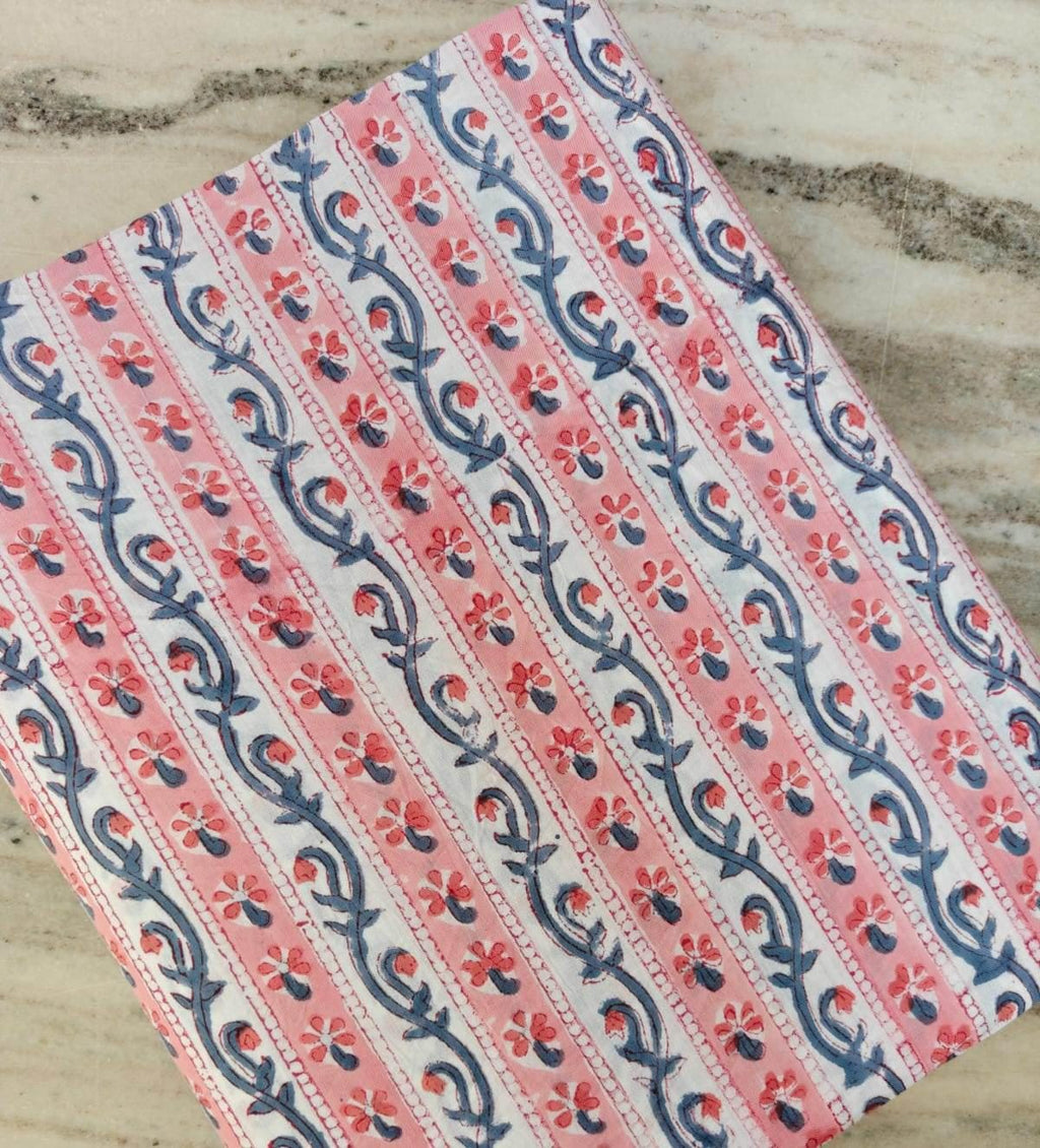 Pink Blue Floral Vine Stripe Cotton Fabric | Indian Block Print Cotton Fabric | Soft Breathable Craft Fabric | Dressmaking Quilting Fabric
