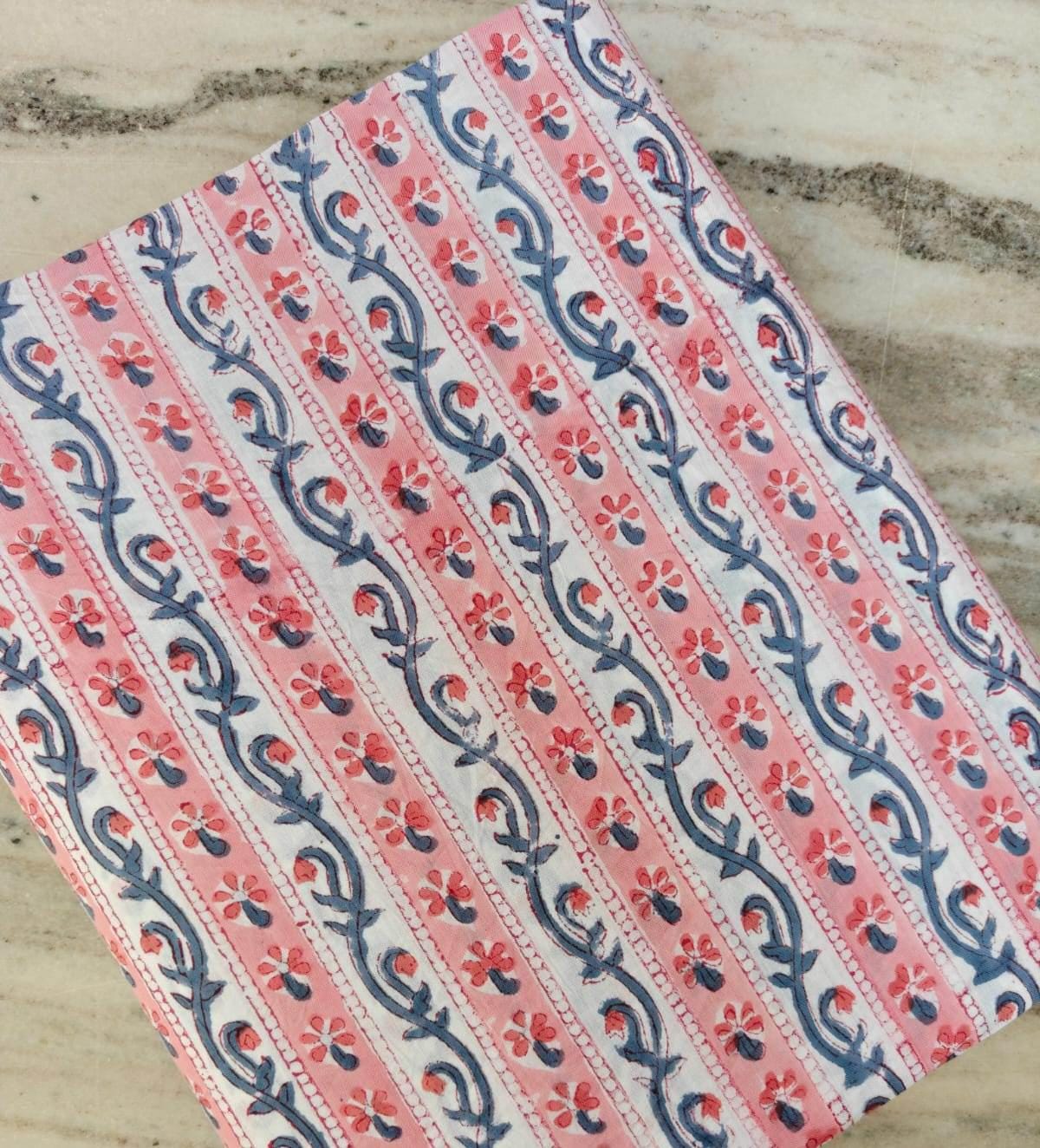 Pink Blue Floral Vine Stripe Cotton Fabric | Indian Block Print Cotton Fabric | Soft Breathable Craft Fabric | Dressmaking Quilting Fabric
