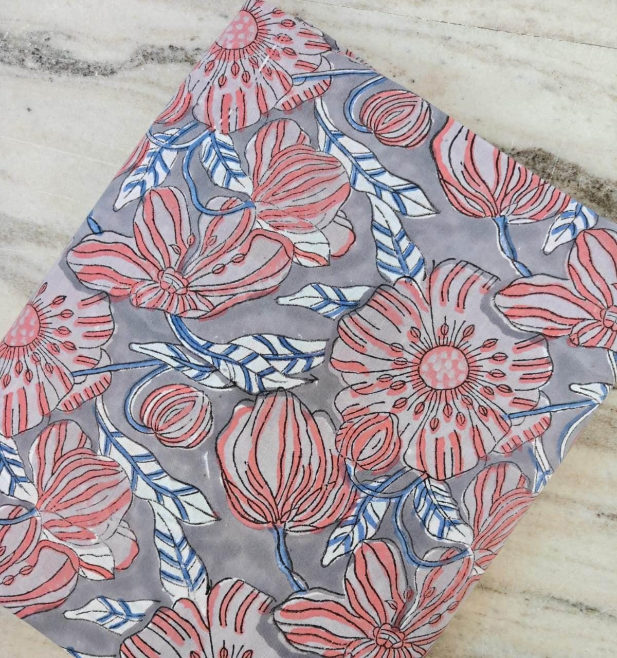 Coral Pink Floral Cotton Fabric on Grey, Handblock Style Botanical Print, Soft Quilting Fabric, Dressmaking Material, Modern Vintage Textile