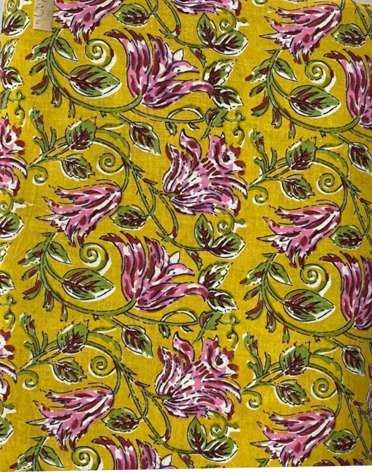 Hand Block Print Cotton Fabric: Floral Quilting, Dressmaking - By The Yard