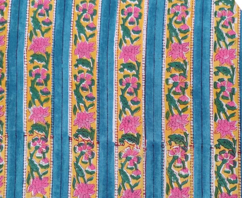 Striped Floral Cotton Fabric by the Yard, Blue Yellow Pink Hand Block Print Fabric, Indian Cotton for Sewing, Quilting, Dressmaking & Crafts