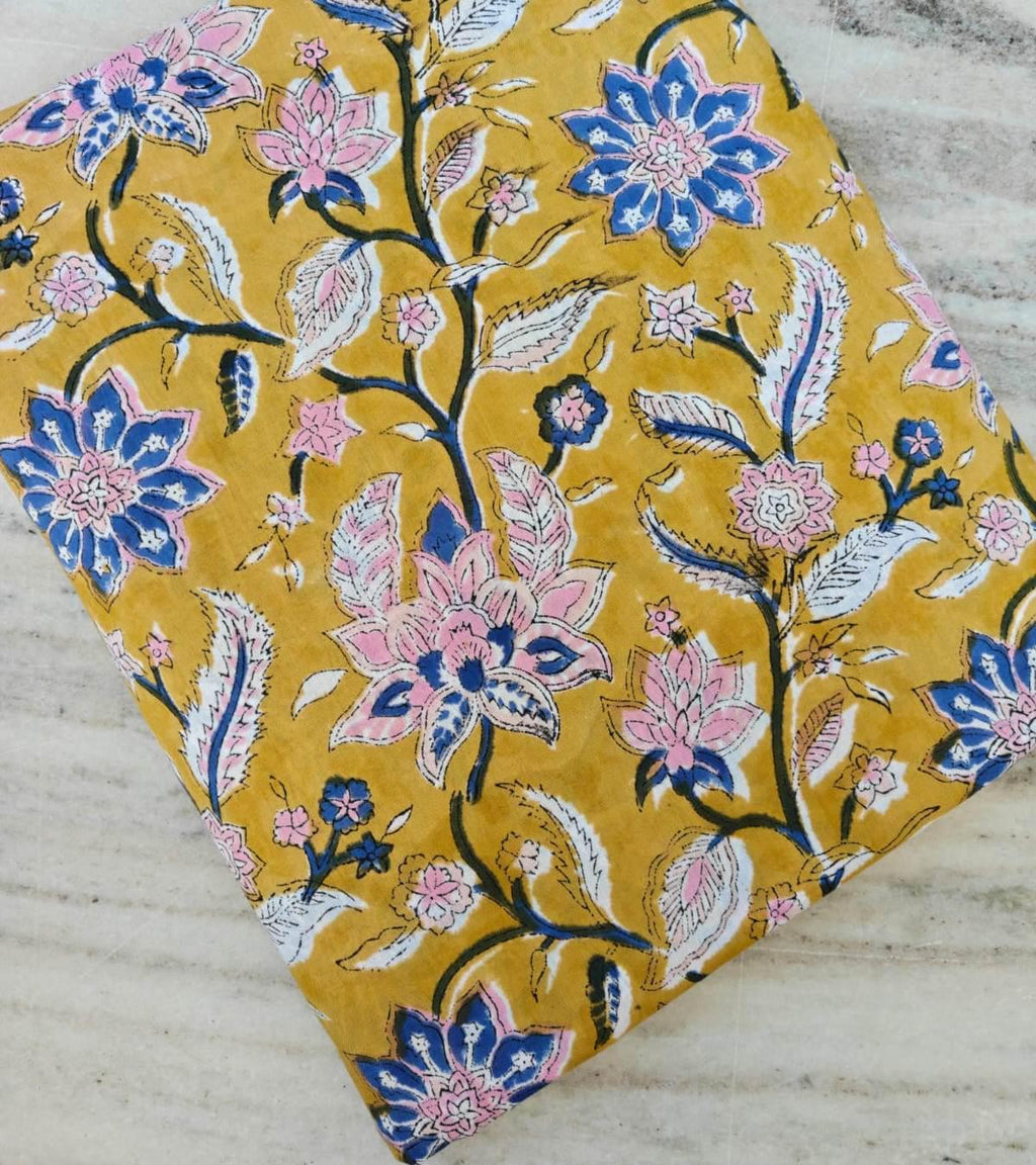Mustard Yellow Floral Cotton Fabric by the Yard, Pink Blue Block Print Fabric, Hand Block Print Cotton, Boho Dressmaking & Quilting Fabric