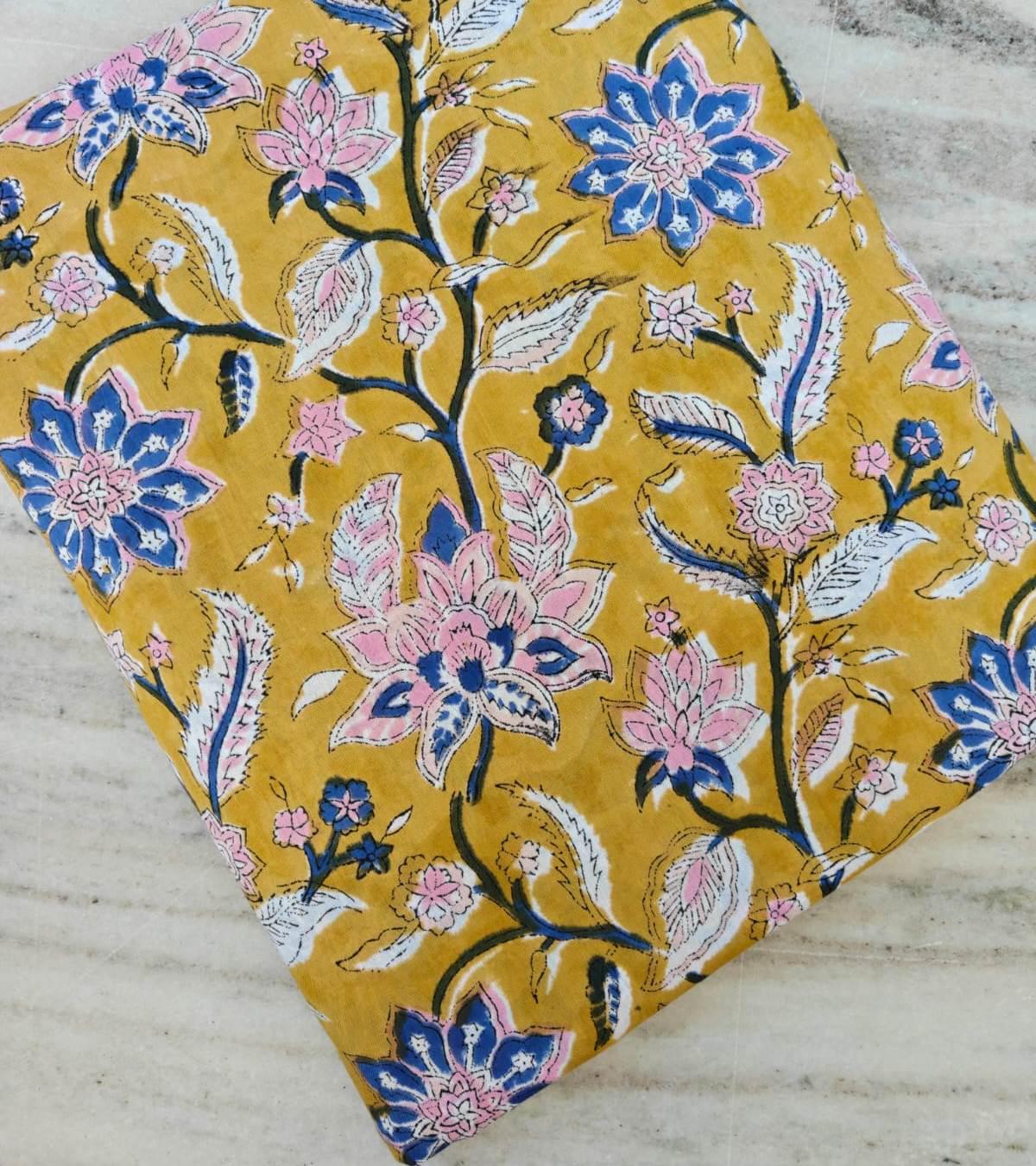 Mustard Yellow Floral Cotton Fabric by the Yard, Pink Blue Block Print Fabric, Hand Block Print Cotton, Boho Dressmaking & Quilting Fabric