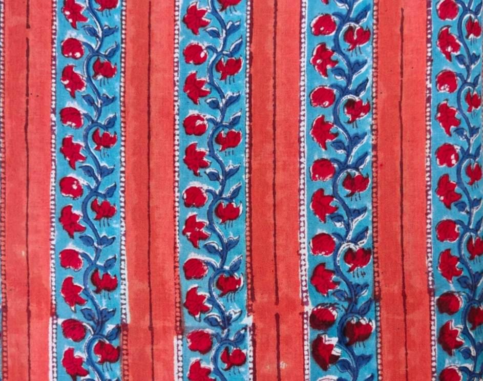 Orange Blue Floral Stripe Fabric, Indian Hand Block Print Fabric, Floral 100% Cotton Quilting Fabric By The Yard, Fabric For Dress Making