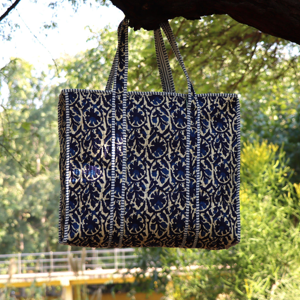 Handmade Quilted Indigo Tote Bag, Blue Block Print Cotton Bag, Boho Shoulder Tote, Reusable Everyday Market Bag, Artisan Handbag Gift