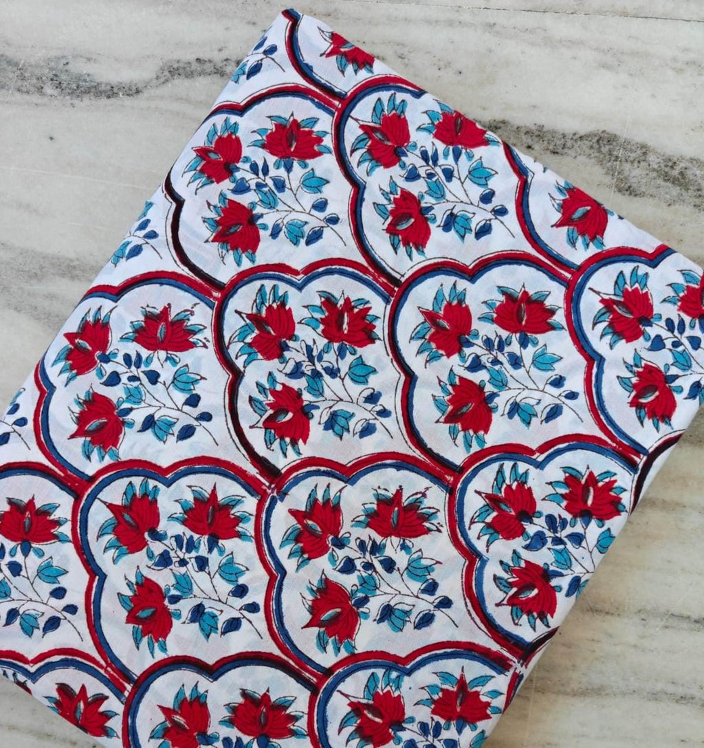 Red Floral Cotton Fabric, Indian Block Print Fabric, White Blue Designer Fabric, Scallop Pattern Boho Fabric, Quilting Craft Fabric by Yard