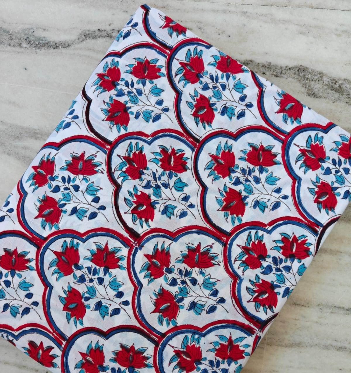 Red Floral Cotton Fabric, Indian Block Print Fabric, White Blue Designer Fabric, Scallop Pattern Boho Fabric, Quilting Craft Fabric by Yard