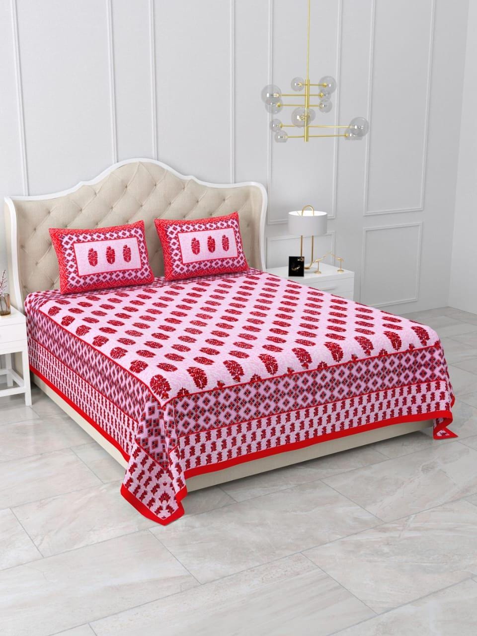Red White Cotton Bedsheet with Pillow Covers, Hand Block Print Floral Bedspread, Soft Breathable Indian Bedding Set, Queen Size Bed Linen