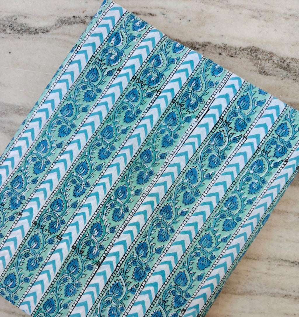 Turquoise Striped Cotton Fabric, Floral Border Print Fabric, Chevron Stripe Cotton, Blue Green Boho Fabric, Quilting Sewing Dress Napkins