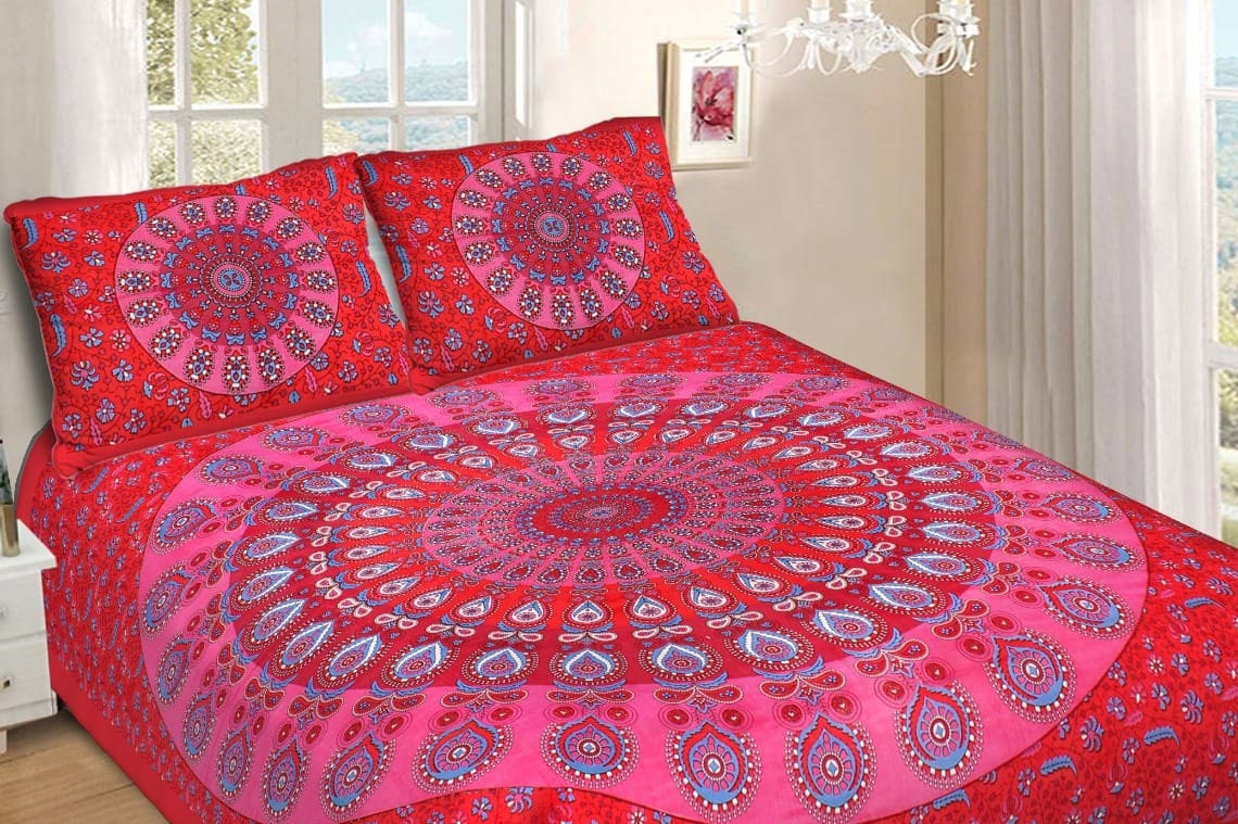 Queen Size Cotton Bedsheet | Red Color Jaal Bedsheet | Handmade Sanganeri Printed Bedcover | Floral Bedsheet | Double Bedsheet