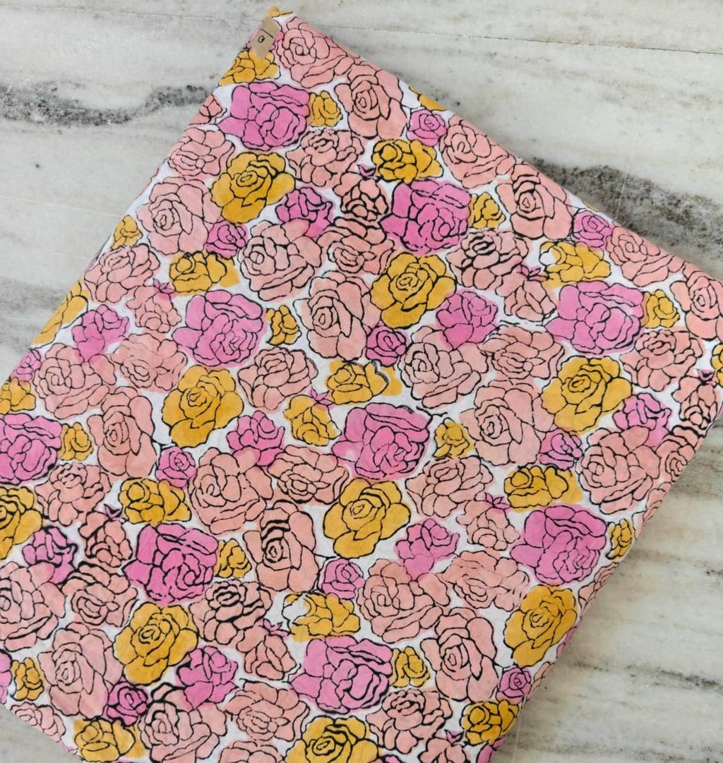 Pink & Yellow Rose Floral Cotton Fabric by the Yard, Hand Printed Indian Cotton, Vintage Flower Fabric, Napkins, Table Runner, Tea Coaster