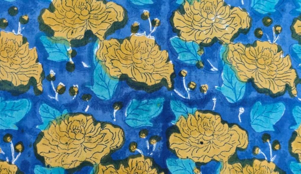 Blue Floral Cotton Fabric, Hand Block Print Fabric, Yellow Flower Indian Cotton, Botanical Print Fabric, Quilting Craft Fabric, Boho Textile