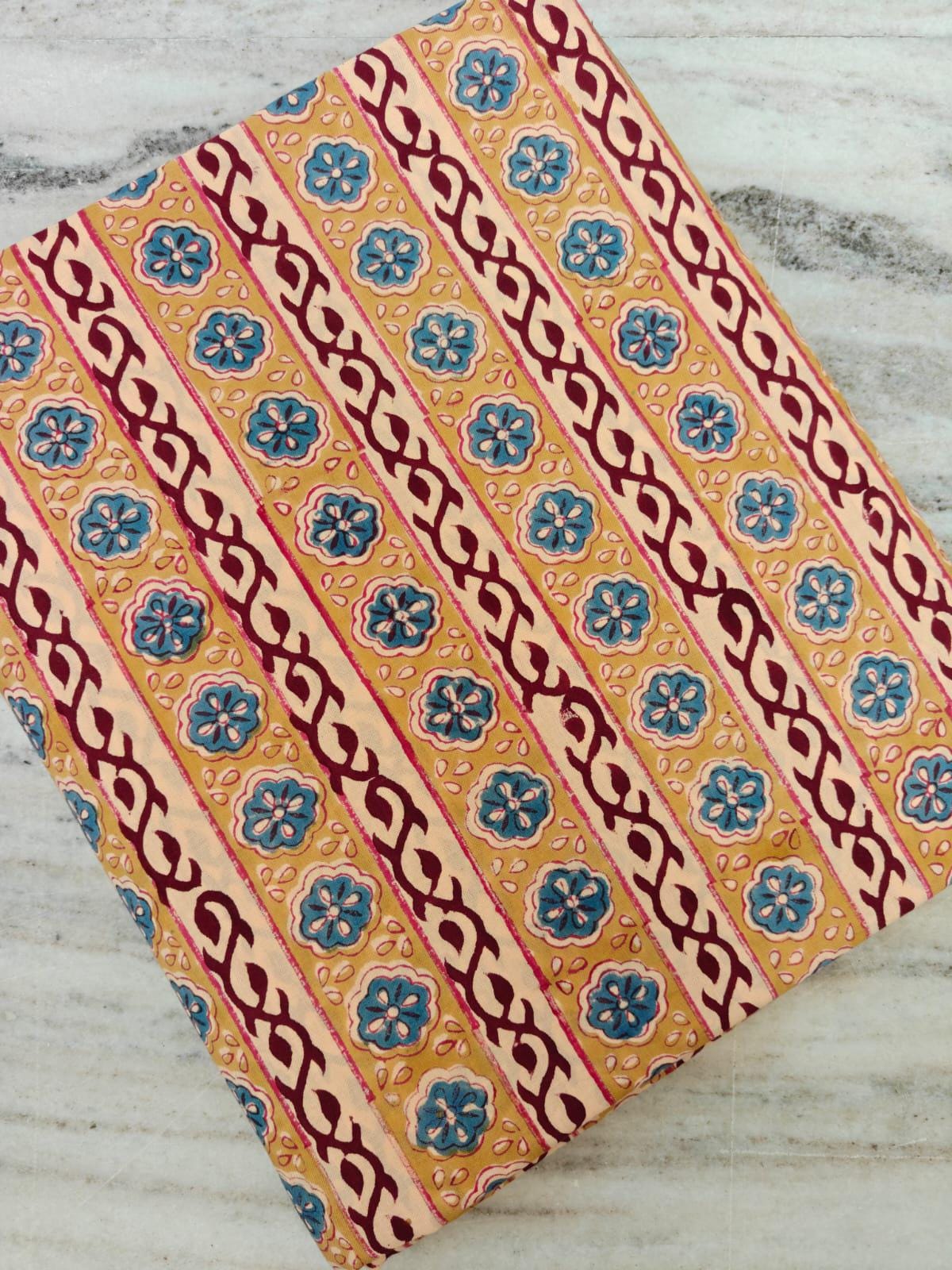 Yellow Floral Stripe Cotton Fabric, Indian Block Print Fabric by the Yard, Blue Red Flower Print, Vintage Buti Quilting Sewing Fabric