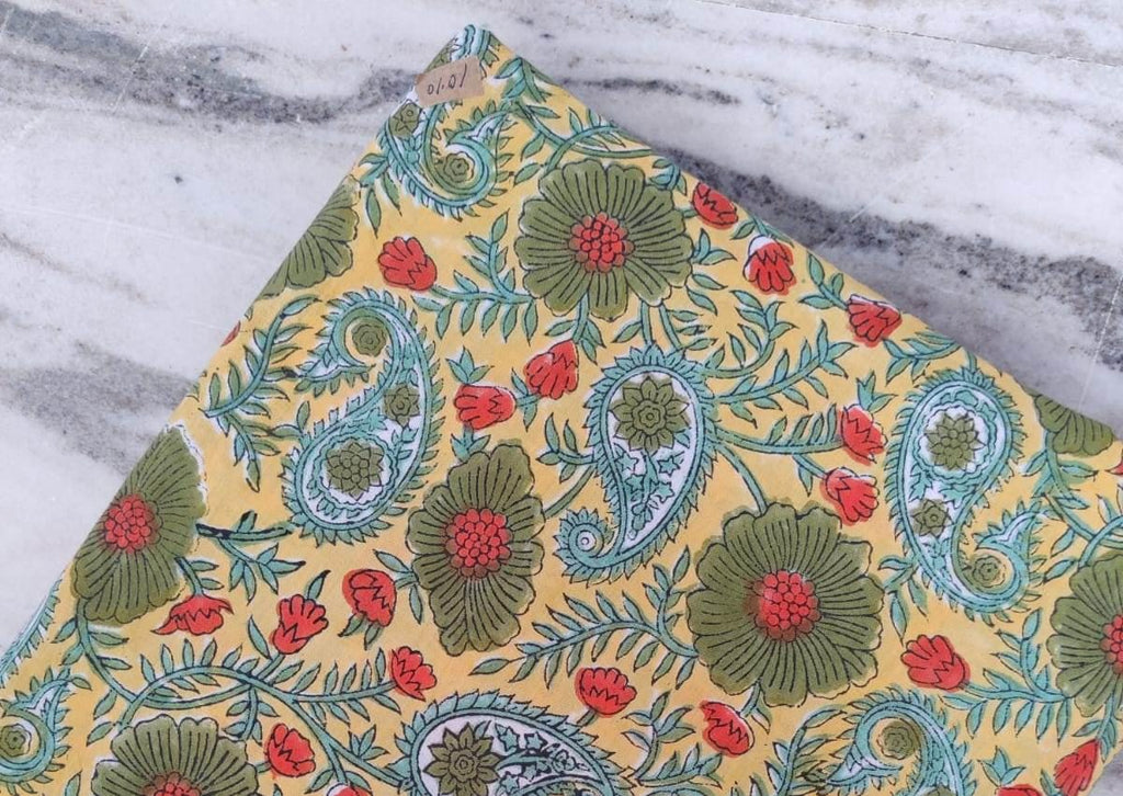 Yellow Floral Cotton Fabric by the Yard, Indian Hand Block Print Fabric, Green Paisley Block Print Fabric for Quilting, Loose Running Fabric