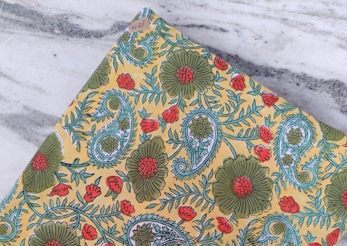 Yellow Floral Cotton Fabric by the Yard, Indian Hand Block Print Fabric, Green Paisley Block Print Fabric for Quilting, Loose Running Fabric