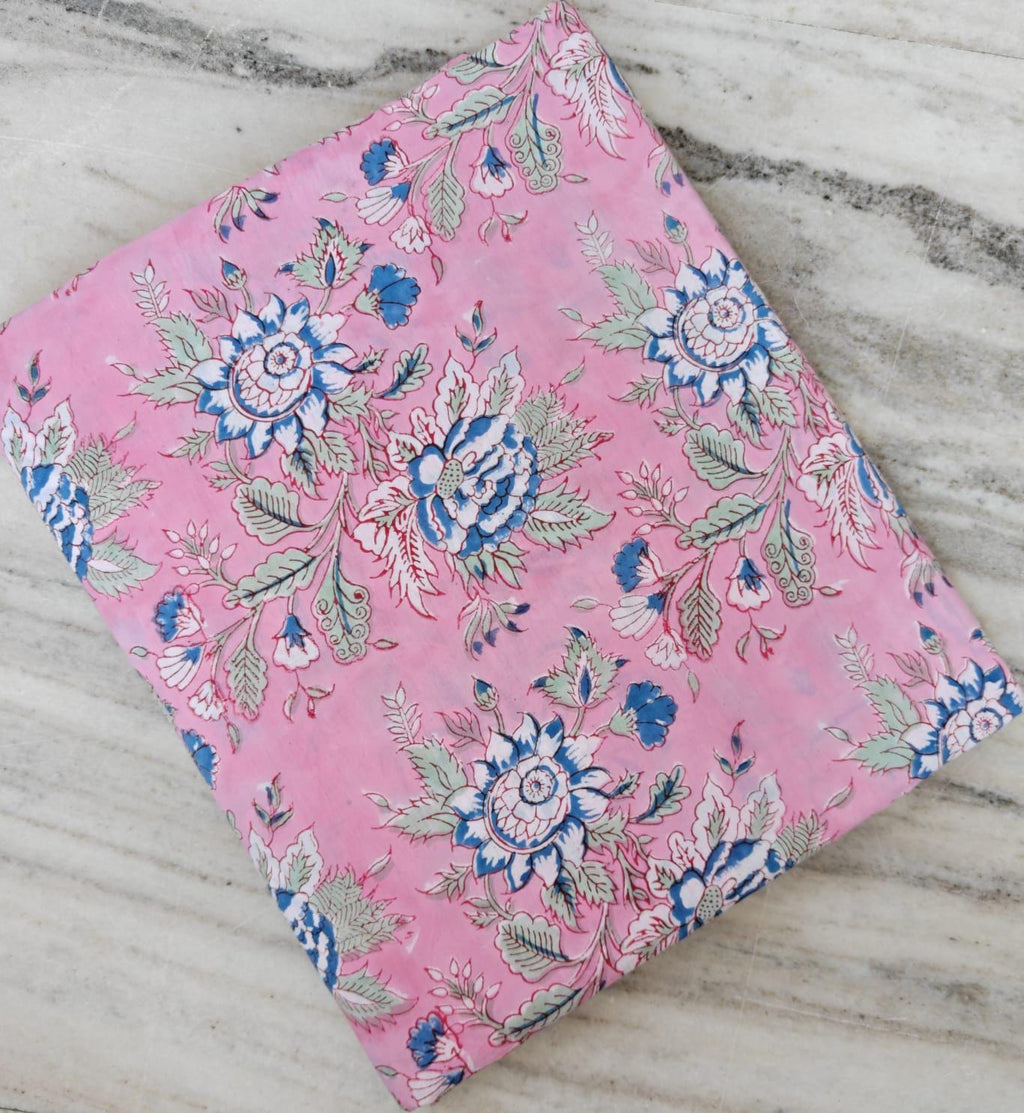 Pink Blue Designer Hand Block Print Fabric, Floral 100% Cotton Quilting Fabric By The Yard, Fabric For Dress Making, Loose Running Fabric