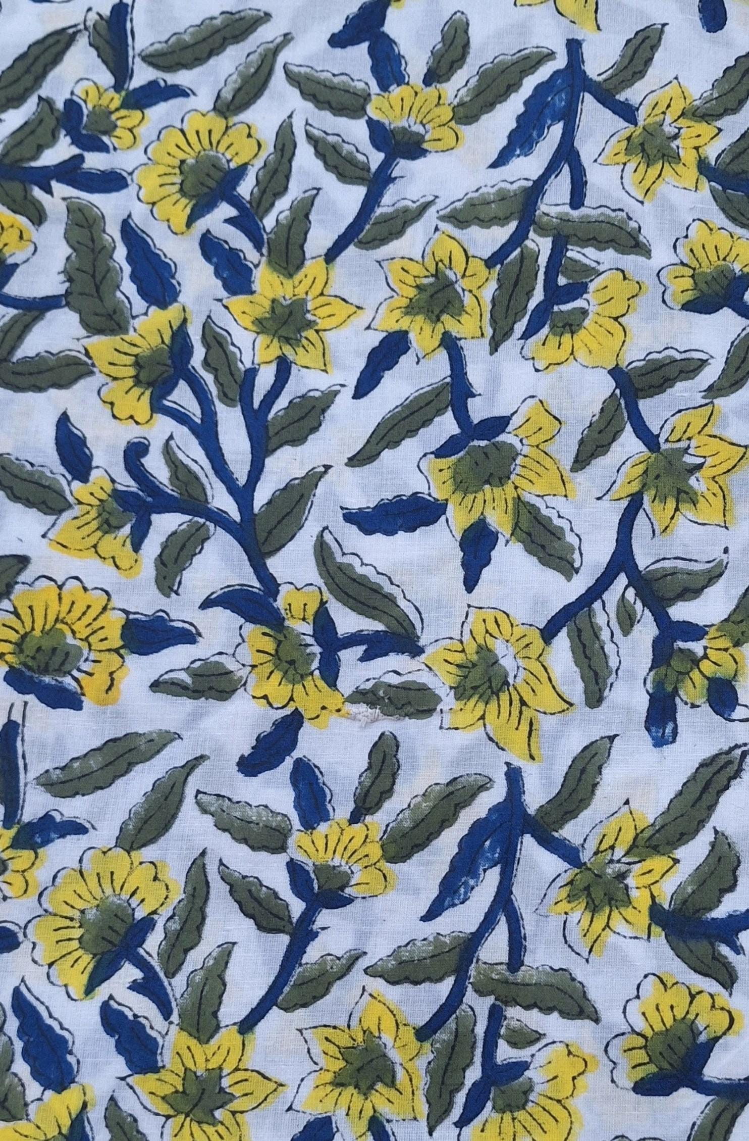 Yellow Floral Cotton Fabric, Hand Block Print Indian Fabric, Soft Lightweight Cotton Cloth for Dressmaking, Quilting, Sewing & DIY Crafts