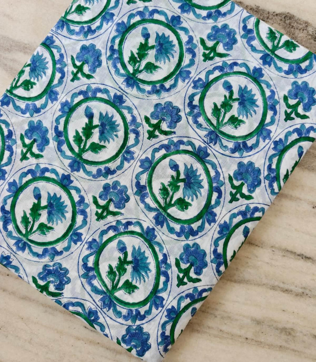 Blue Green Floral Cotton Fabric, Hand Block Print Fabric, Indian Cotton Textile, Vintage Style Flower Print, Quilting Sewing Craft Fabric