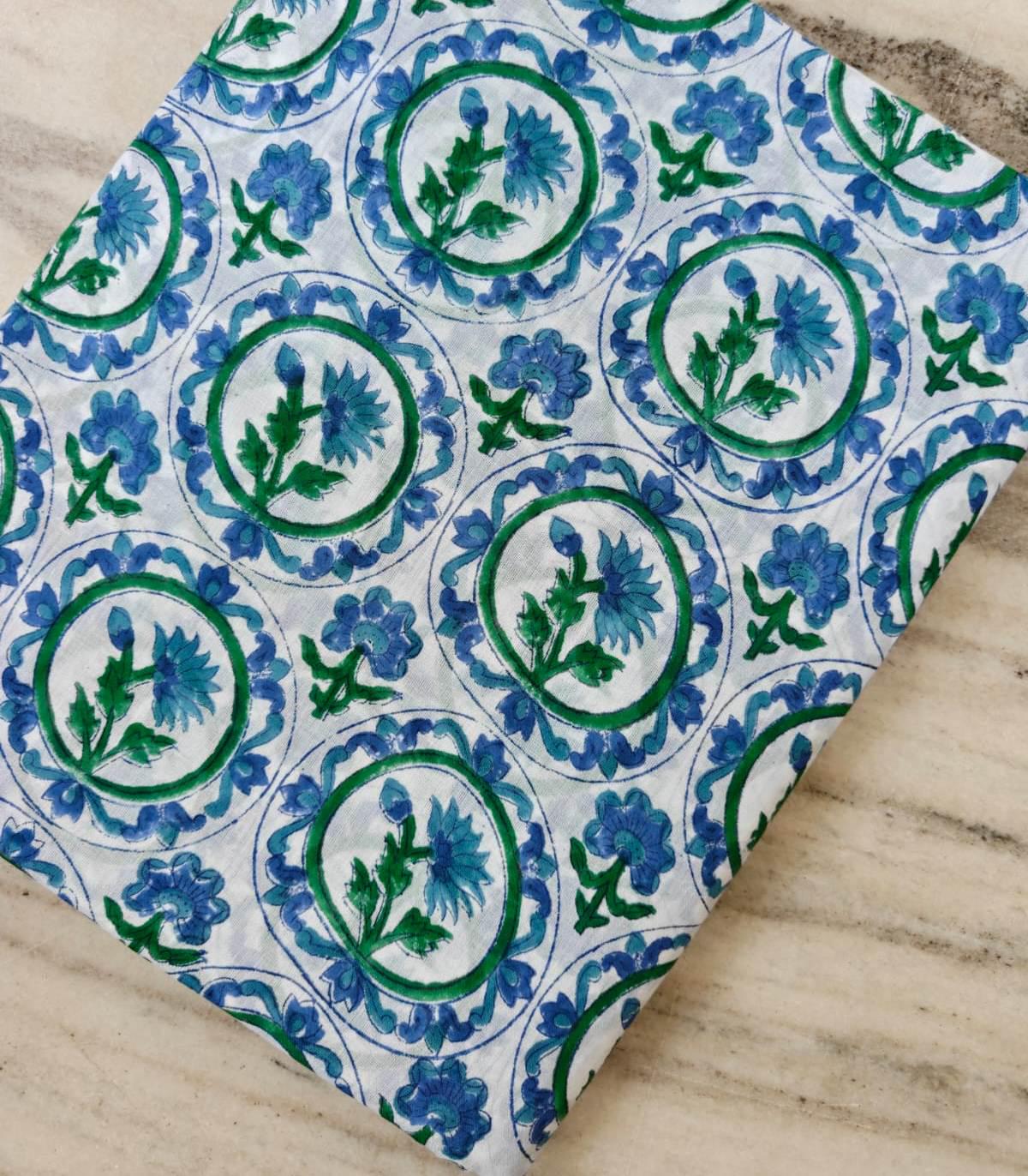 Blue Green Floral Cotton Fabric, Hand Block Print Fabric, Indian Cotton Textile, Vintage Style Flower Print, Quilting Sewing Craft Fabric