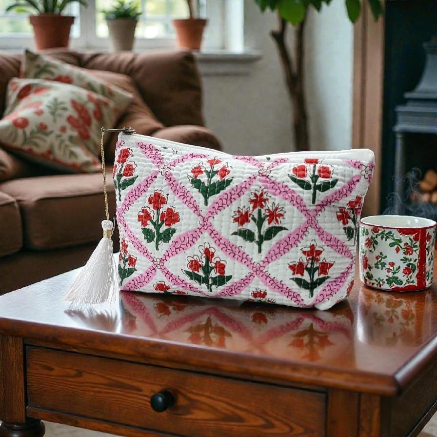 Pink Floral Quilted Pouch | Block Print Cosmetic Bag | Tassel Zipper Travel Pouch | Waterproof Bags | Pouch | Handmade Pouch