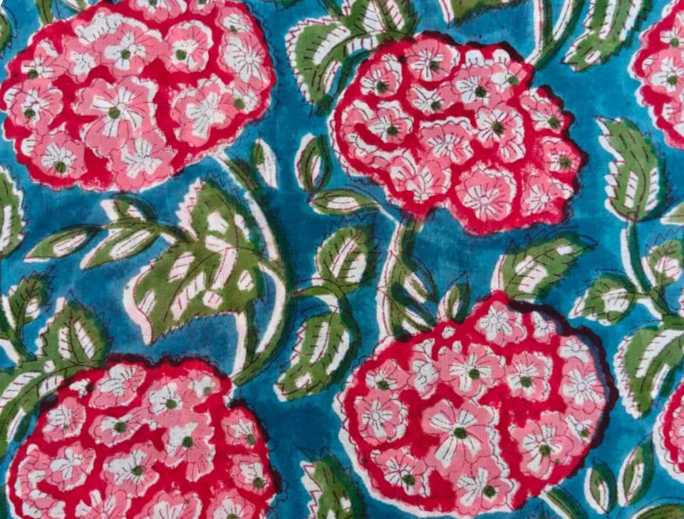 Teal Blue Floral Cotton Fabric, Bold Pink Hydrangea Print Fabric, Botanical Flower Fabric by Yard, Quilting Sewing Craft Dressmaking Cotton