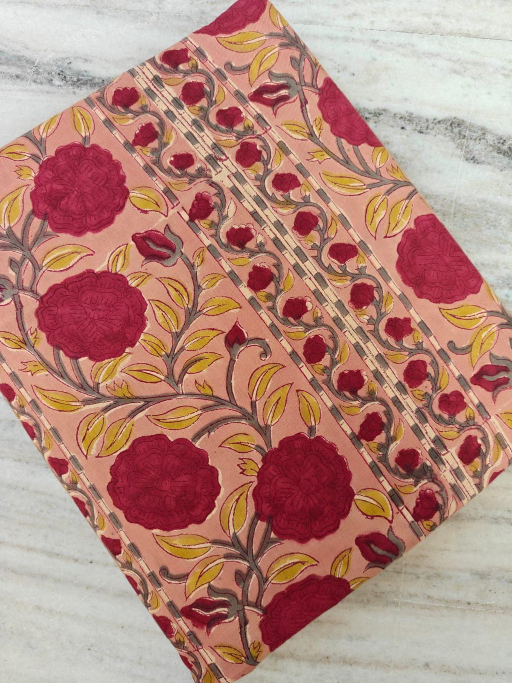 Peach & Red Floral Cotton Fabric by the Yard – Indian Block Print Botanical Stripe – Handmade Craft Textile, Quilting Fabric, Apparel Fabric